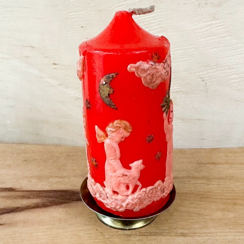 Vintage Christmas Candle Red Angels Crescent Moon Comet 2" Pillar